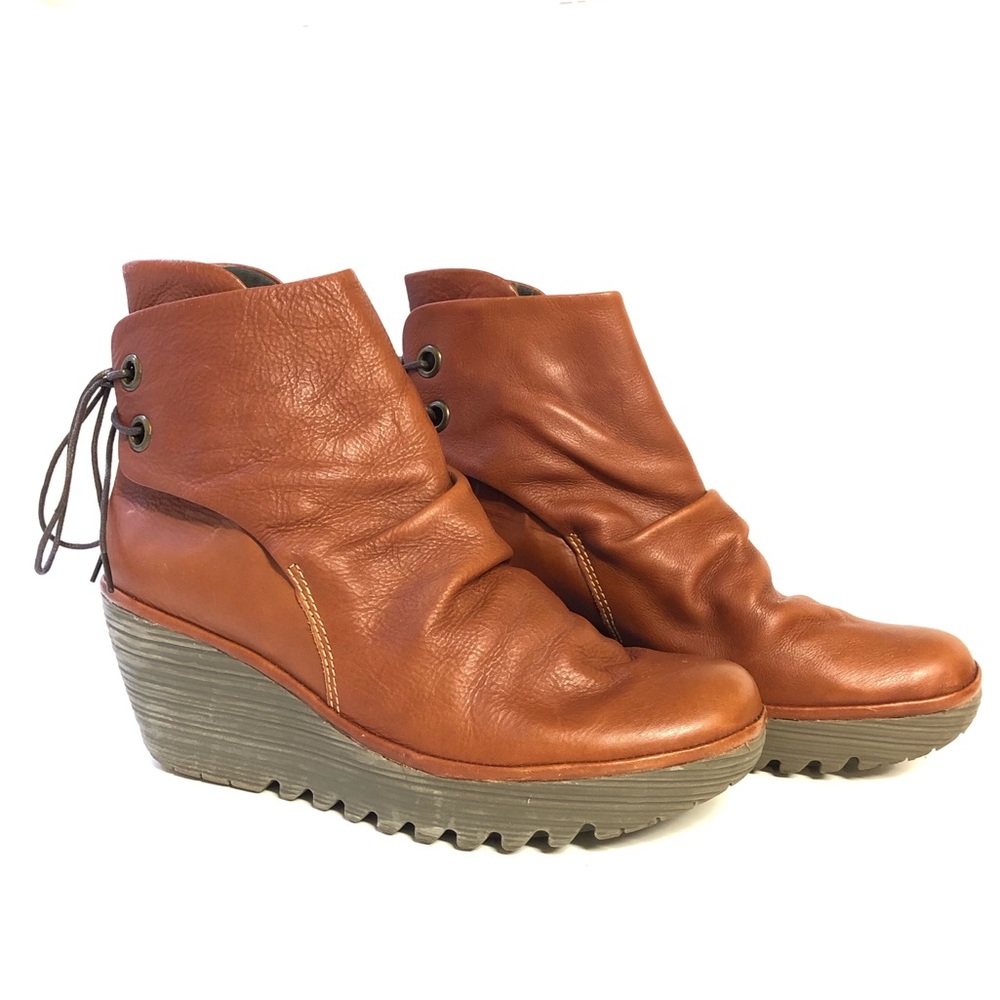 FLY London Yama Brown Leather lace Up Wedge Boot